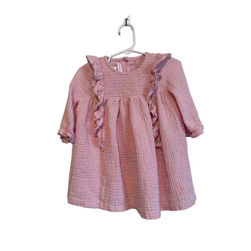 Bonnie Baby pink long sleeve ruffle dress gauzy embroidered pastel  Size 24 mon.